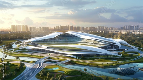 Modern urban stadium nestled in lush parkland. Dynamic sports complex in a city setting. Concept of architectural innovation, leisure facilities, urban green spaces, and environmental integration.