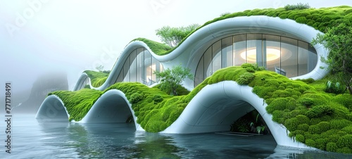 Futuristic green-roofed architecture on waterfront. Eco-friendly building with living roof by the lake. Concept of sustainable architecture, green building, environmental design, nature integration.
