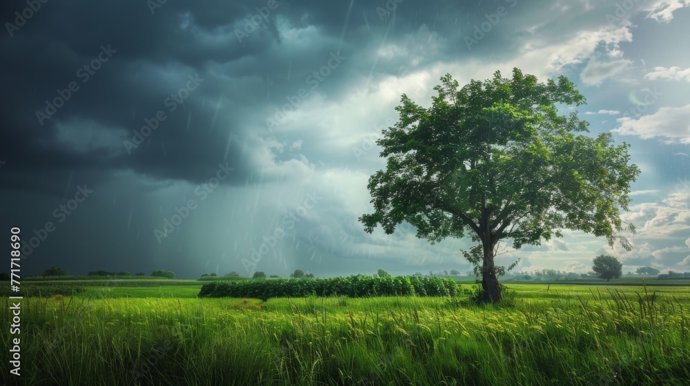 Obraz premium Tree Standing in Field Under Cloudy Sky