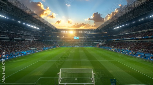 Soccer stadium filled with fans under a sunset sky. The golden hour at a sports arena during a match. Concept of sporting events, fan excitement, soccer matches, and stadium architecture. photo