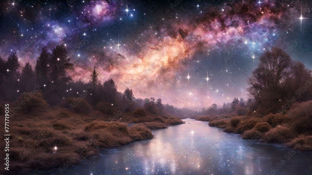 Flowing gracefully through the celestial expanse of a distant galaxy, the river shimmers with iridescent hues.