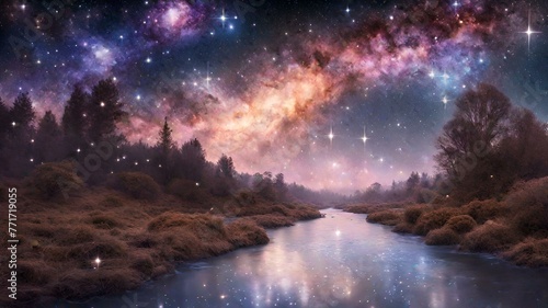 Flowing gracefully through the celestial expanse of a distant galaxy, the river shimmers with iridescent hues. © Sawyer0