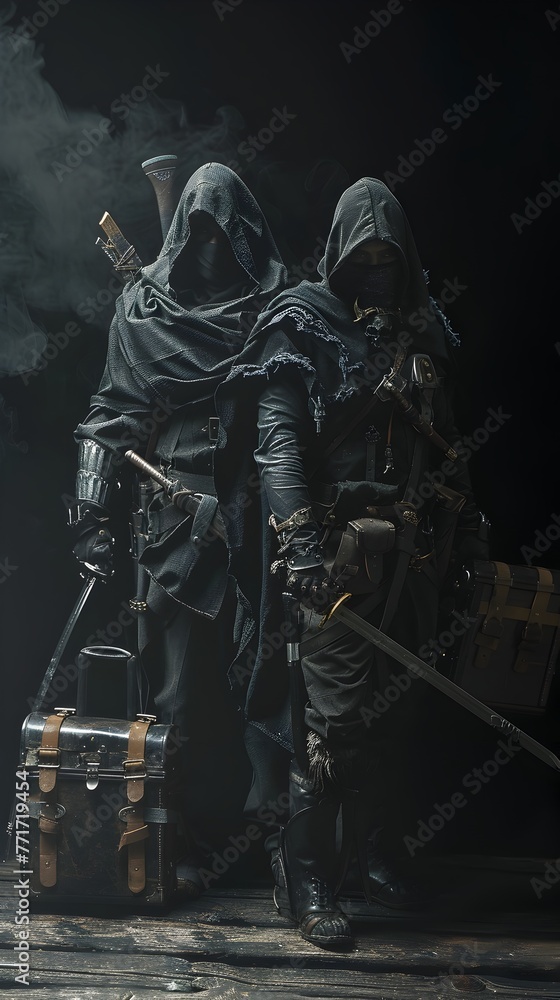Fototapeta premium Ninja and Vampire Hunter Team Up: Ancient Weapons Packed for Supernatural Battle