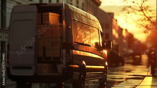 E-Commerce Promise: Delivery Van Loaded with Parcels at Sunset Awaits Dispatch
