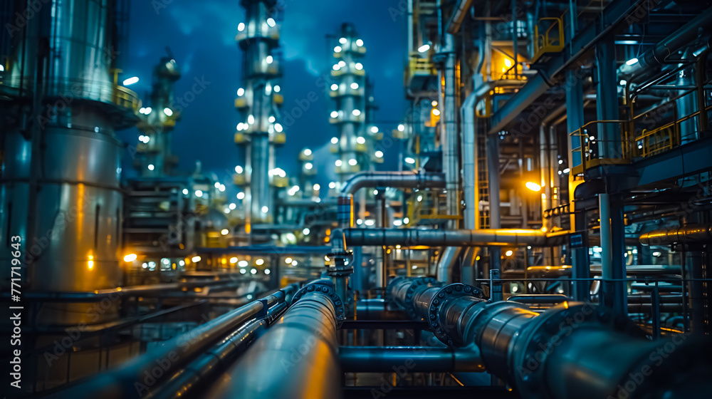 Oil refinery. plant and tower column of petrochemistry industry in oil and gas industrial at night Oil refinery. plant and tower column of petrochemistry industry in oil and gas industrial at night