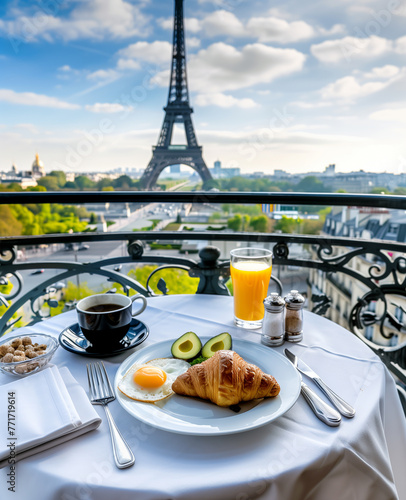 french breakfast with eiffel tower in the background 