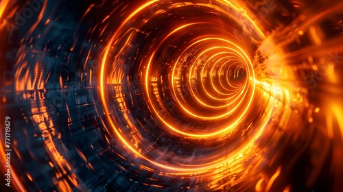 Bright Orange Neon Lines Flow through a Surreal Abstract Tunnel