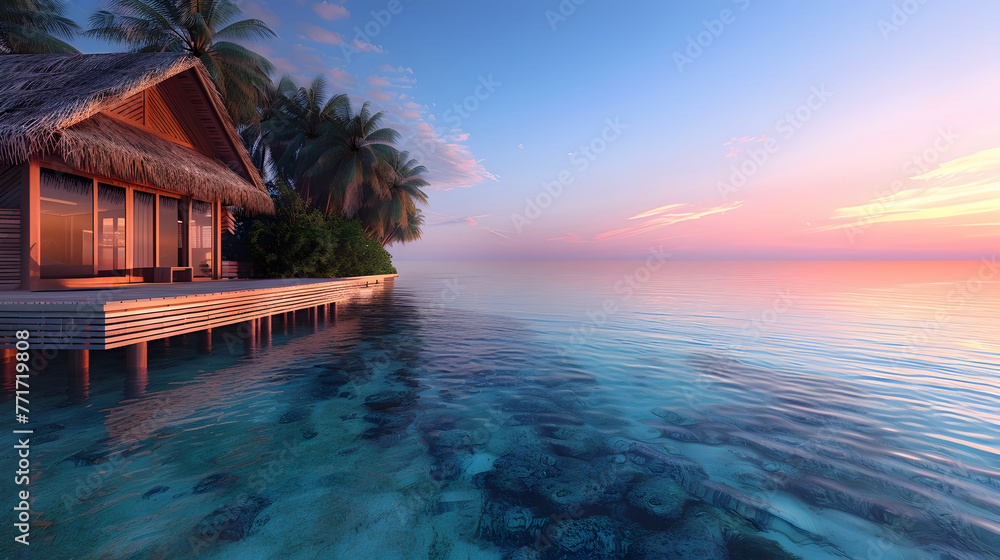 Obraz premium Stunning Overwater Villa at Breathtaking Tropical Beach Sunset