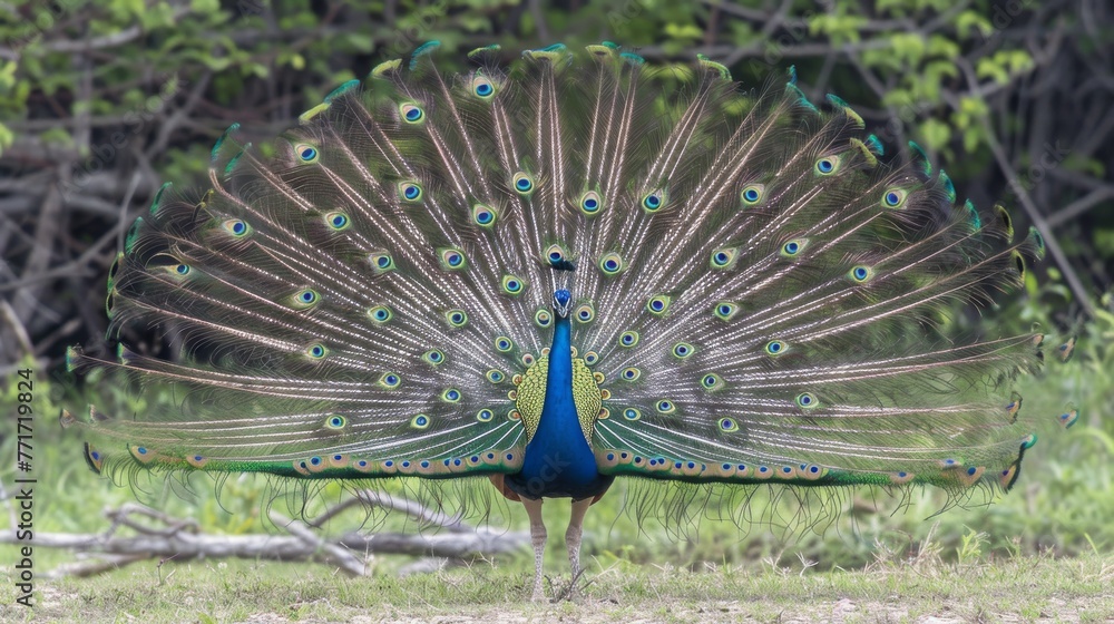 Obraz premium A peacock displays feathers in front of the camera amidst trees in a grassy background