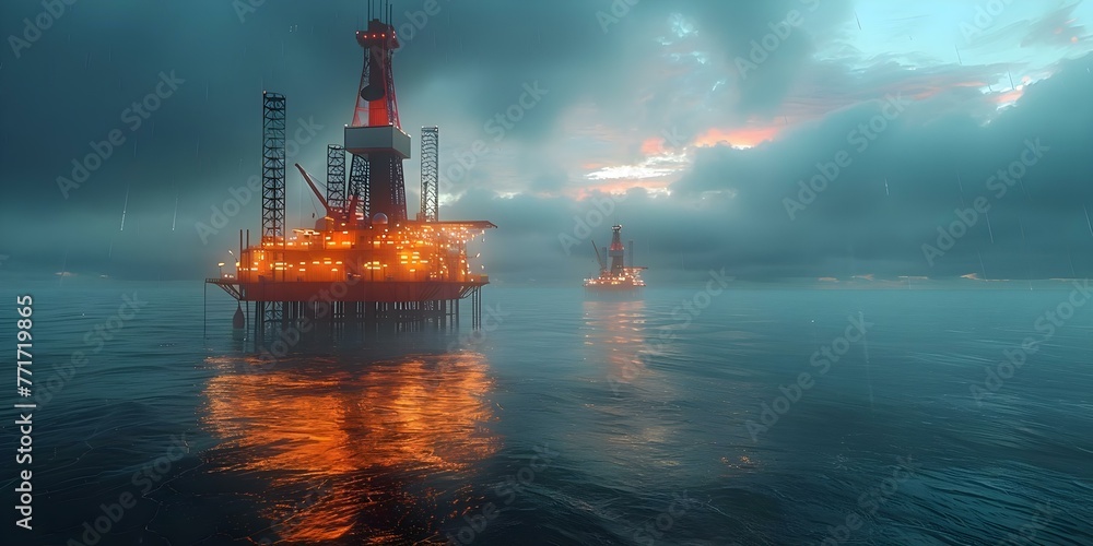 Visualizing a hydrogen rig platform and offshore wind turbine farm in the sea. Concept Renewable Energy, Offshore Wind Turbines, Hydrogen Rig Platform, Sea Infrastructure, Energy Transition