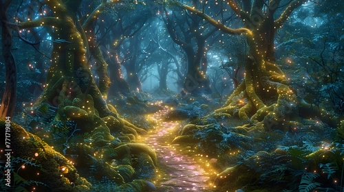 Enchanted Moonlit Pathway Through a Mystical Fairy Forest with Glowing Moss Covered Trees