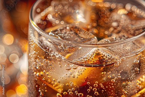 Captivating Close up of a Sparkling Cola Drink with Effervescent Bubbles and Icy Cubes