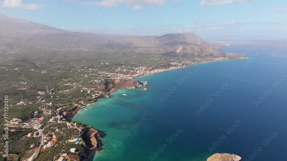Crete, Greece. Aerial drone shot. Falassarna Beach in Chania, Elafonisi lagoon, Falassarna, Hills and town of Palaiokastro, Old christian church ruins in Crete, Katholiko Monastery greek landmark Crete, Greece. Aerial drone shot. Falassarna Beach in Chania, Elafonisi lagoon, Falassarna, Hills and town of Palaiokastro, Old christian church ruins in Crete, Katholiko Monastery greek landmark