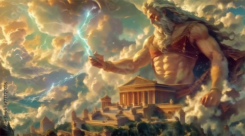 Zeus at Mount Olympus with thunder lightning in his hand photo