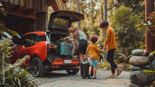 A family is loading luggage into the rear of their vehicle for a leisurely travel, surrounded by trees and plants. AIG41 © Summit Art Creations