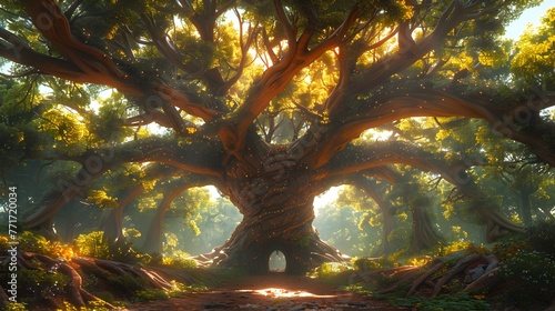 Mystical Forest Sanctuary An Ancient Tree s Enchanted Archways Embrace a Tranquil Meeting Place for Magical Inhabitants