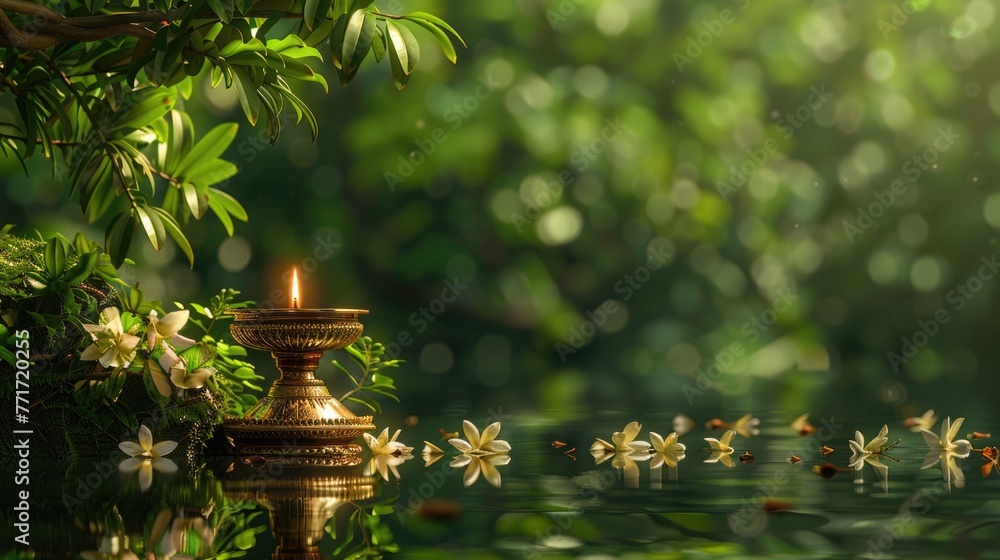 Fototapeta premium Elements of the Vishu festival, including a traditional brass lamp (Nilavilakku) and a mirror, set against a lush green background symbolize the richness and depth of Kerala's cultural traditions.