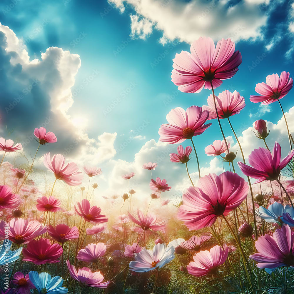 A field of flowers with a blue sky in the background. pink flowers and blue sky. Cosmos. Cosmos flower. pink cosmos. Asteraceae. Coreopsideae. Garden Cosmos. A field of flowers with a blue sky in the background. pink flowers and blue sky. Cosmos. Cosmos flower. pink cosmos. Asteraceae. Coreopsideae. Garden Cosmos.