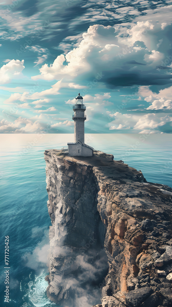 Dramatic clouds hover over an old lighthouse atop a craggy cliff, exuding strength against the vast ocean