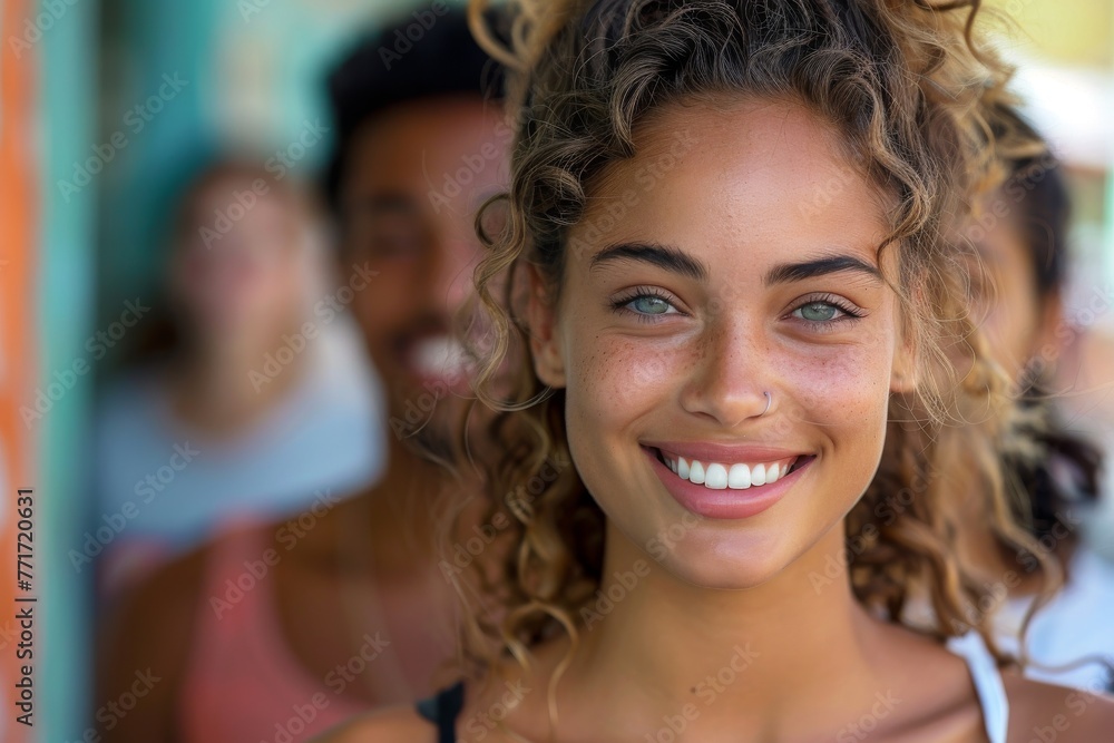 A captivating portrait of a cheerful woman with bright green eyes and a warm smile A captivating portrait of a cheerful woman with bright green eyes and a warm smile