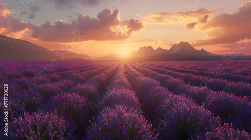 A stunning sunset over a purple lavender field with snow-capped mountains in the background  exuding peace and beauty