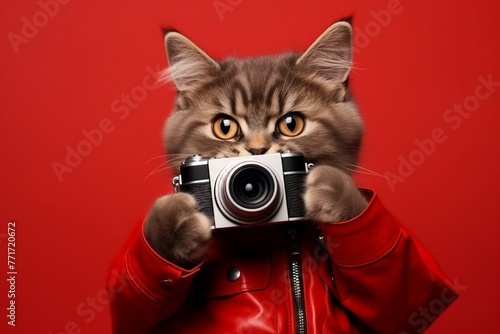 A cat in red leather jacket with a black camera in his hands. Red background. Isolated. The concept of the photographer.