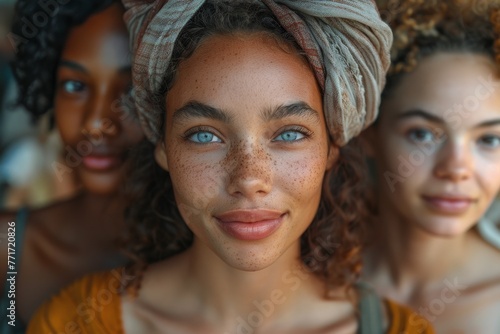 Young woman with green eyes and freckles smiles with friends in soft focus behind her