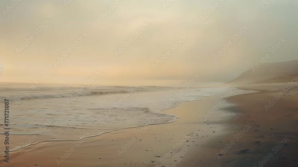 A misty coastal scene with waves washing onto a sandy beach and rugged cliffs, as a foggy dawn brings a sense of mystery