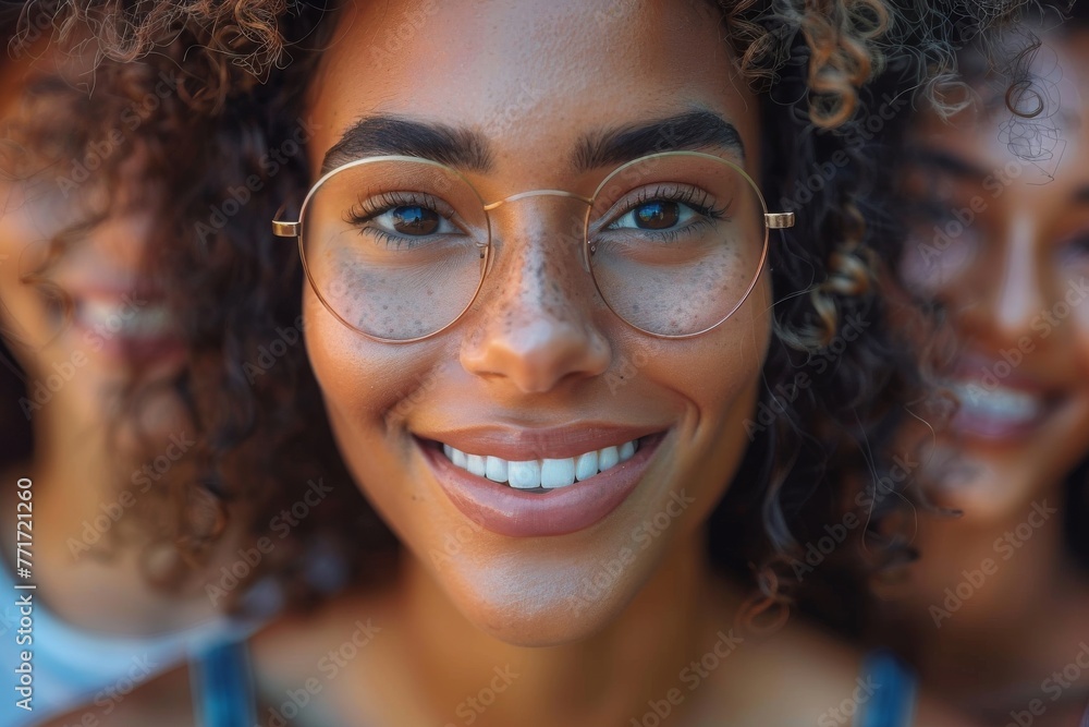Close-up of a cheerful young woman with curly hair and stylish glasses, with friends in the backdrop Close-up of a cheerful young woman with curly hair and stylish glasses, with friends in the backdrop