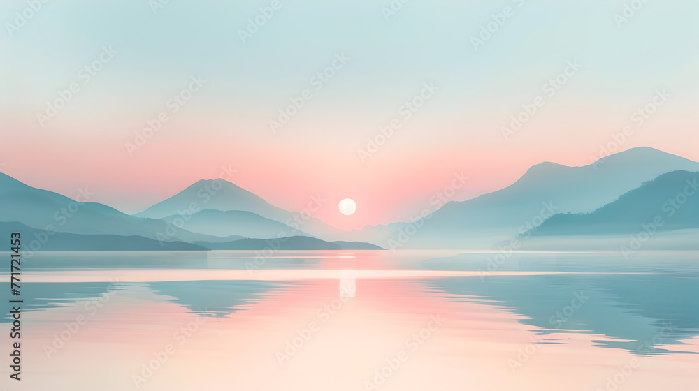 Soft sunlight bathes layered mountain peaks and the calm lake below in a gentle pastel-colored sunrise