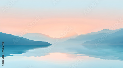 A digital artwork featuring a serene lake reflecting soft pastel sunrise hues amongst peaceful mountain ranges
