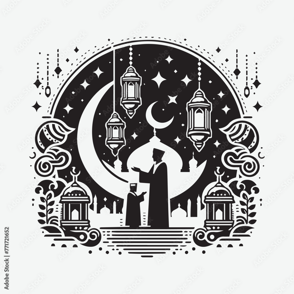 Eid Mubarak Religious Background Vector. Arabic Ornamental Patterned Background of Islamic Mosque, Design Greeting Card for Eid
