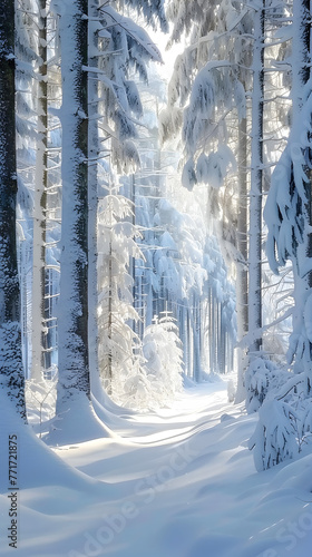 A picturesque winter scene capturing the sun's rays filtering through a tranquil, snow-covered forest path, highlighting the peacefulness and beauty of nature © tracy