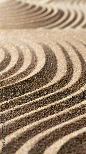 Warm sunlight enhances deep shadows over the ripple-like sand patterns in this calming Zen garden image