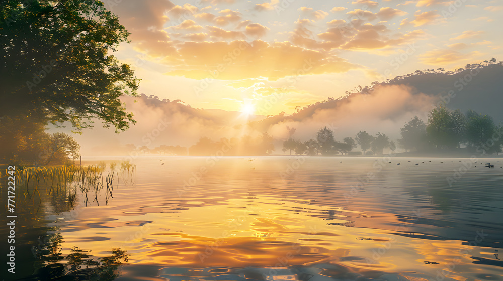 A breathtaking sunrise emits a warm glow over a hazy lake, where birds tranquilly soar in the morning sky A breathtaking sunrise emits a warm glow over a hazy lake, where birds tranquilly soar in the morning sky
