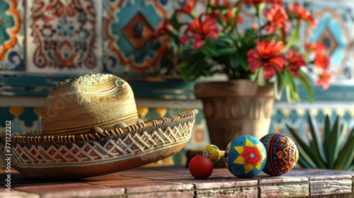 Cinco de Mayo theme: sombreros and maracas on a Mexican tile background. The stage is rich in textures and colors, providing a modern take on traditional elements.