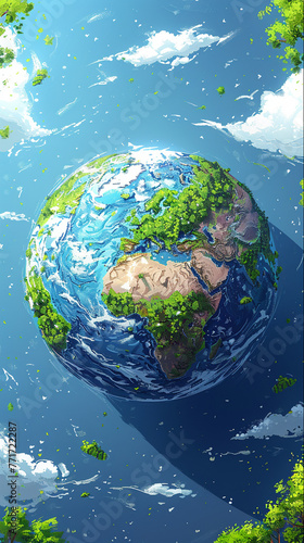 Illustrated environment depicting vibrant earth. 3d illustration of green planet, card, or wallpaper concept.