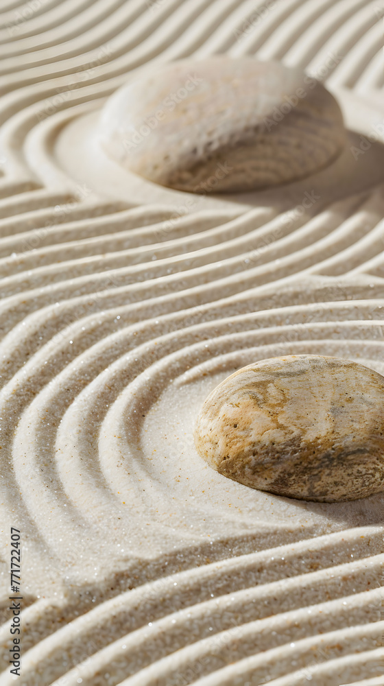 Obraz premium This image captures a close-up of a rock settled amidst the carefully crafted ridges of sand in a Zen garden, evoking calm
