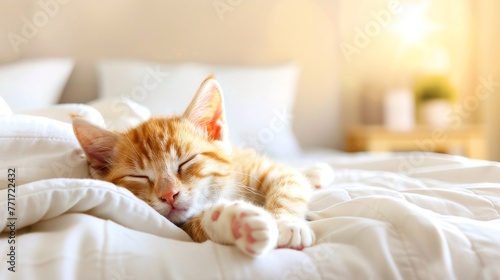  An orange and white cat napping on a white quilt over white bedding