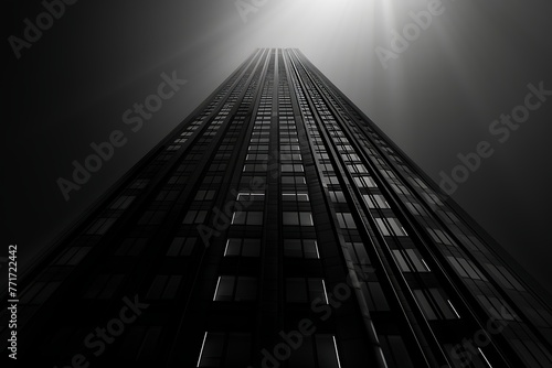 : A towering skyscraper with sharp contrast between its glass facade and dark shadows,