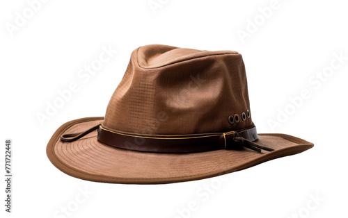A stylish brown hat with a leather band sits on a rustic wooden table
