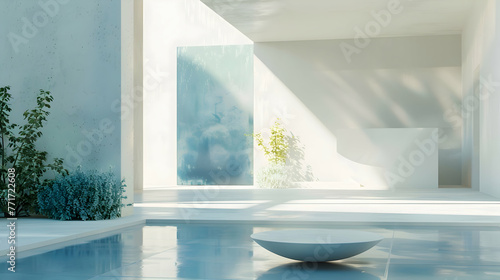 A tranquil white space enlivened by bursts of vivid jade and indigo, creating a dynamic and visually stimulating atmosphere within the minimalist sanctuary photo