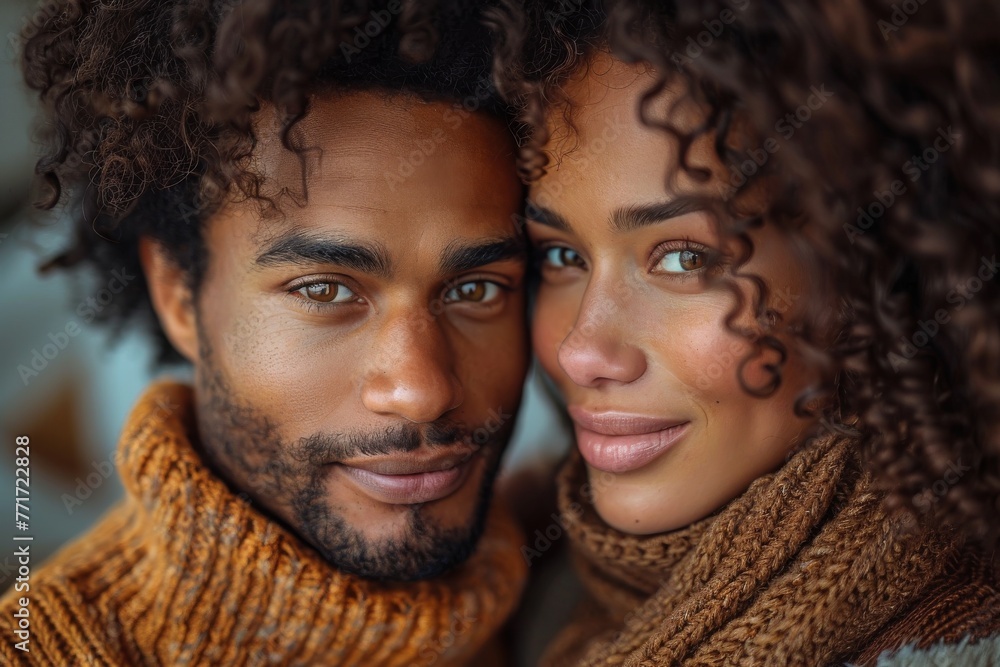 An intimate portrait of a couple with coordinating sweaters and smiles An intimate portrait of a couple with coordinating sweaters and smiles