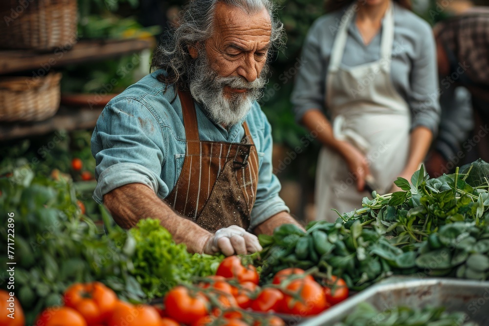An elderly man carefully chooses ripe tomatoes in a vibrant farmers market, with a focus on organic produce
