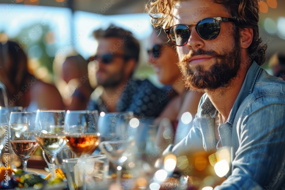 A stylish man with a beard is captured enjoying a social meal with friends, with a focus on camaraderie and wine A stylish man with a beard is captured enjoying a social meal with friends, with a focus on camaraderie and wine