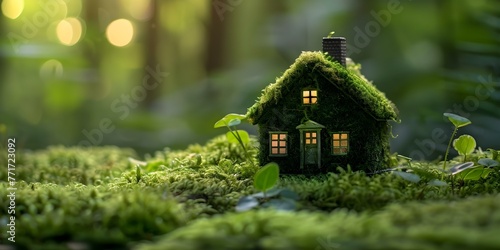 Family Real Estate and Eco-Friendly Living: A Mossy Green Toy House in a Forest Setting. Concept Real Estate, Green Living, Eco-Friendly, Family, Mossy Green Toy House