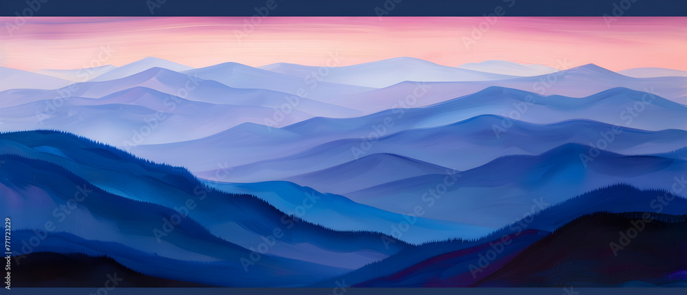 An abstract painted landscape presenting layers of colorful mountains under a soft pastel sky