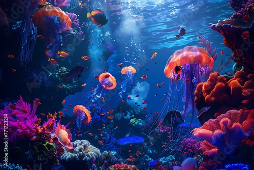 : A vibrant coral reef teeming with colorful fish, bioluminescent jellyfish pulsing in the deep blue.