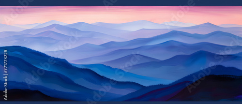 An abstract painted landscape presenting layers of colorful mountains under a soft pastel sky