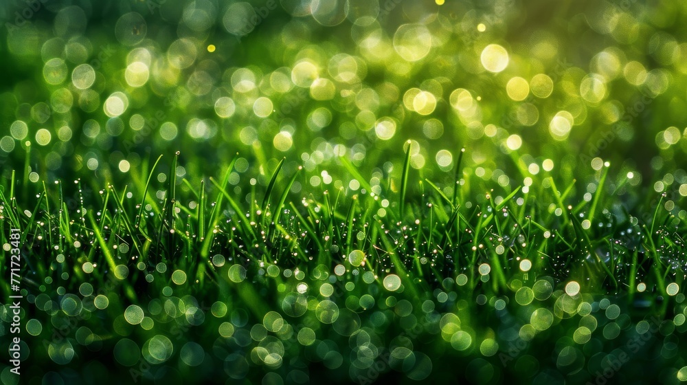 Naklejka premium A close-up photo captures lush green grass dotted with drops of water, while the backdrop softly blurs